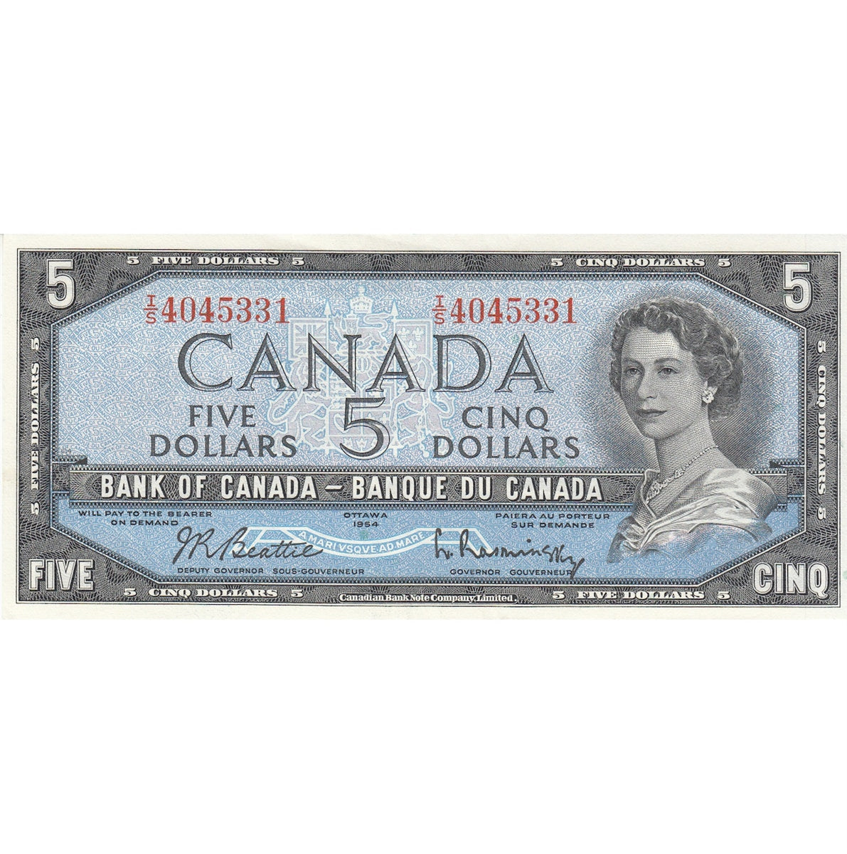 BC-39b 1954 Canada $5 Beattie-Rasminsky, I/S, Almost Uncirculated (AU50)