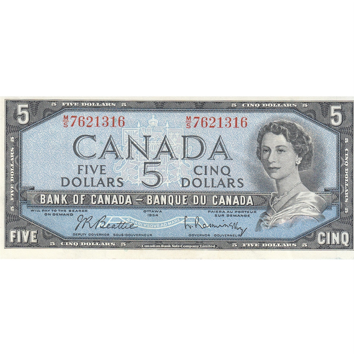 BC-39b 1954 Canada $5 Beattie-Rasminsky, M/S, Almost Uncirculated (AU50)