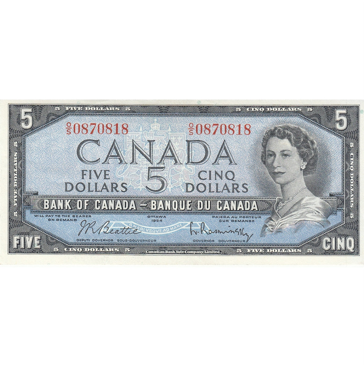 BC-39b 1954 Canada $5 Beattie-Rasminsky, O/S, Almost Uncirculated (AU50)