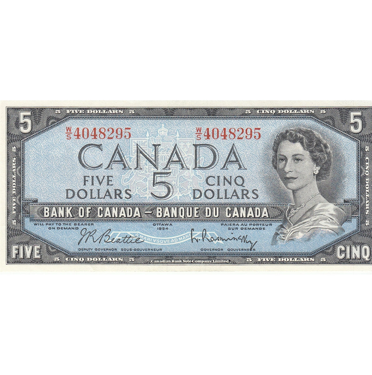 BC-39b 1954 Canada $5 Beattie-Rasminsky, W/S, Almost Uncirculated (AU50)
