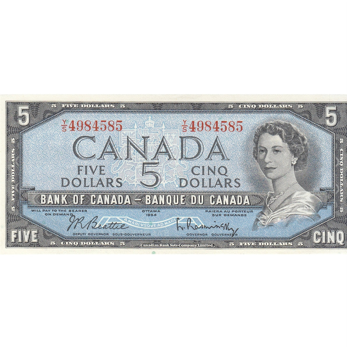 BC-39b 1954 Canada $5 Beattie-Rasminsky, Y/S, AU-UNC (AU55)