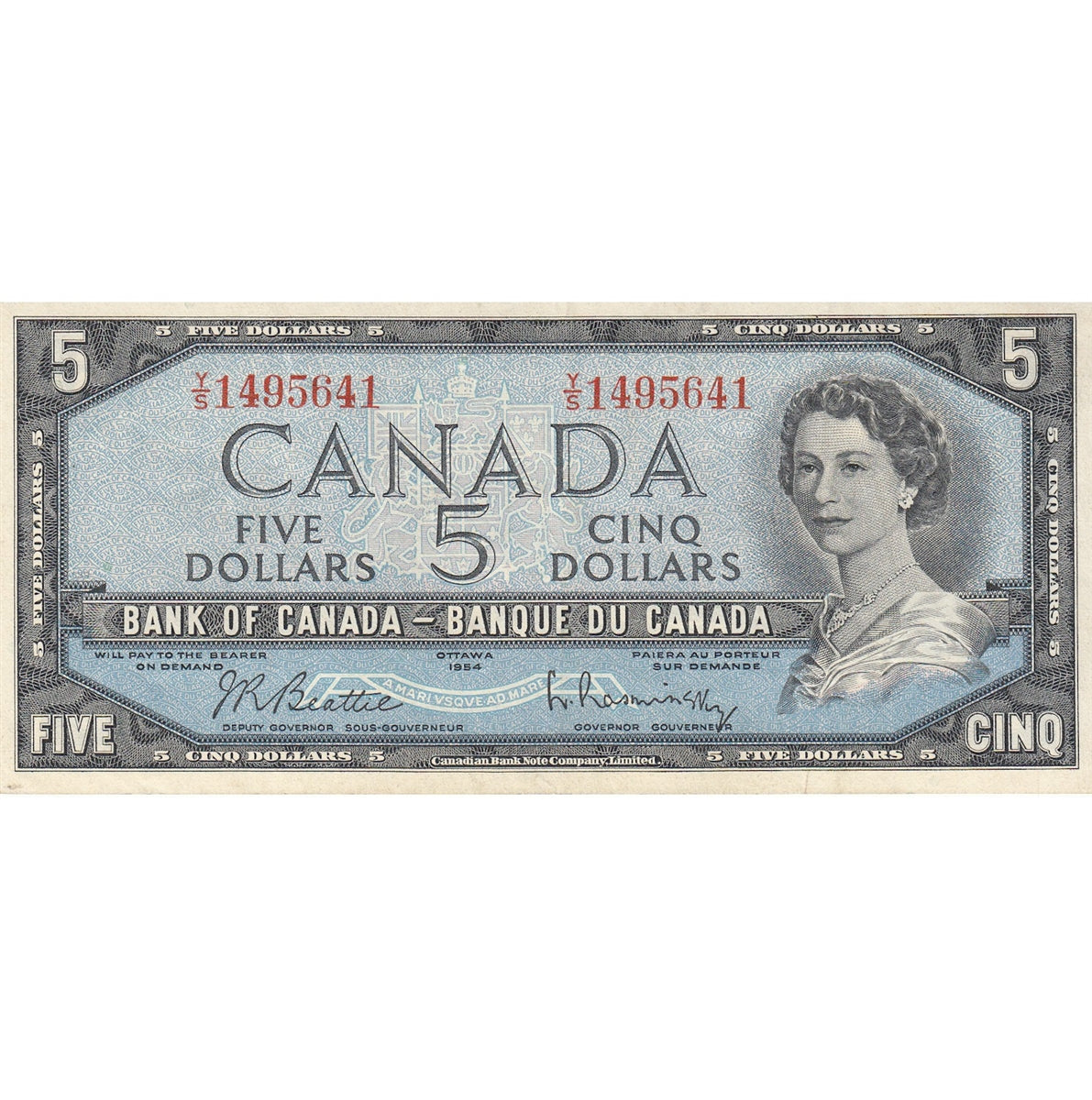 BC-39b 1954 Canada $5 Beattie-Rasminsky, Y/S, VF-EF (VF30)