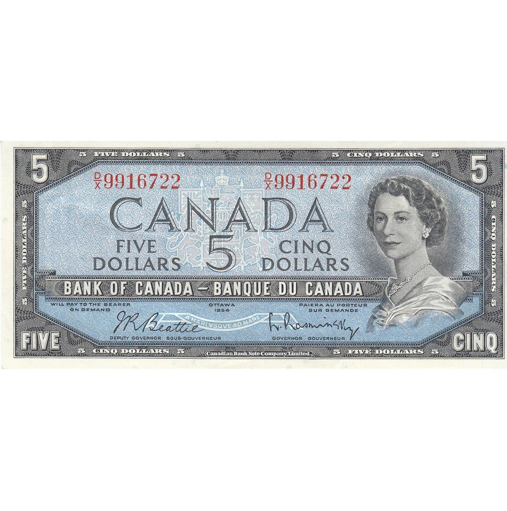 BC-39b 1954 Canada $5 Beattie-Rasminsky, D/X, Almost Uncirculated (AU50)