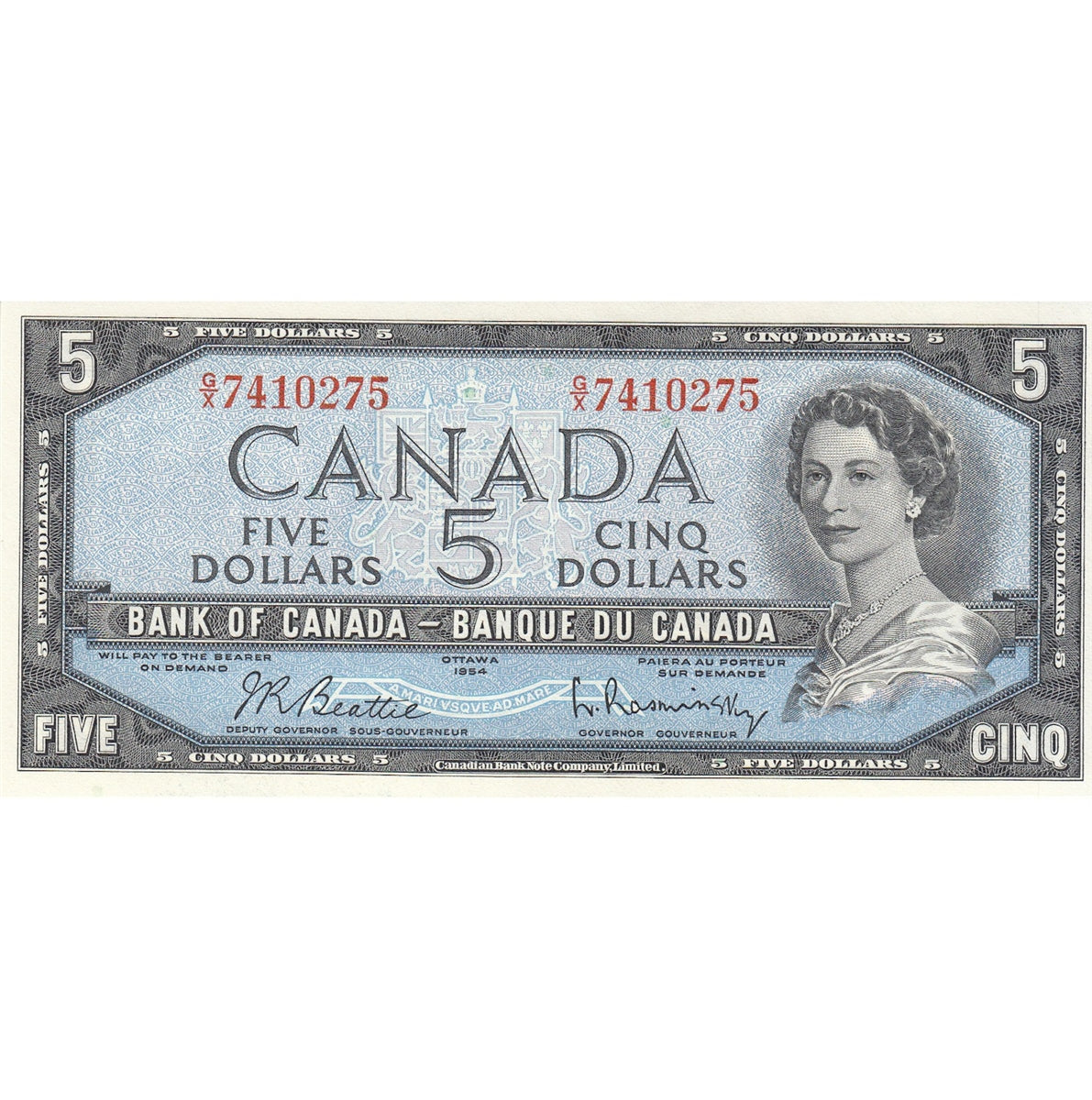 BC-39b 1954 Canada $5 Beattie-Rasminsky, G/X, Choice Uncirculated (CUNC63)