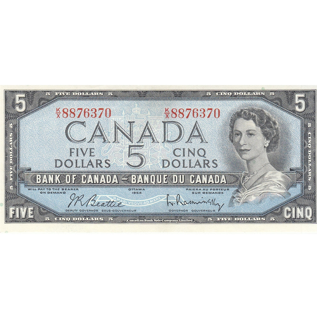 BC-39b 1954 Canada $5 Beattie-Rasminsky, K/X, Almost Uncirculated (AU50)