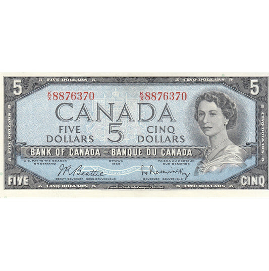 BC-39b 1954 Canada $5 Beattie-Rasminsky, K/X, Almost Uncirculated (AU50)