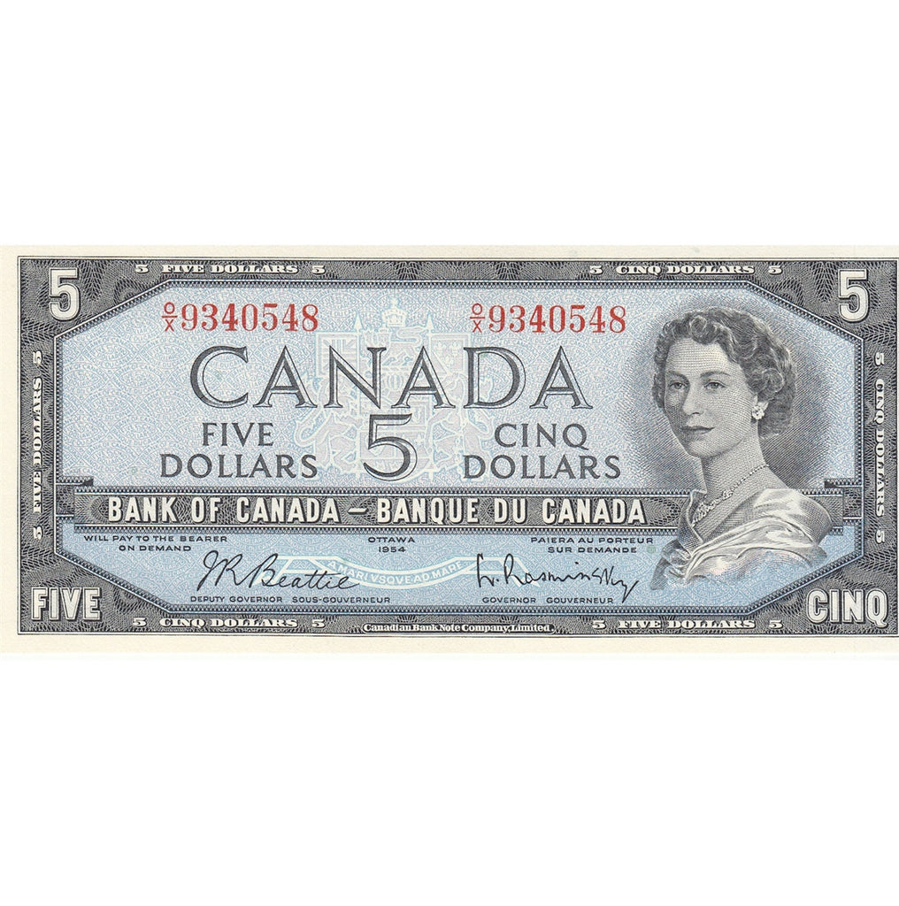 BC-39b 1954 Canada $5 Beattie-Rasminsky, O/X, Choice Uncirculated (CUNC63)