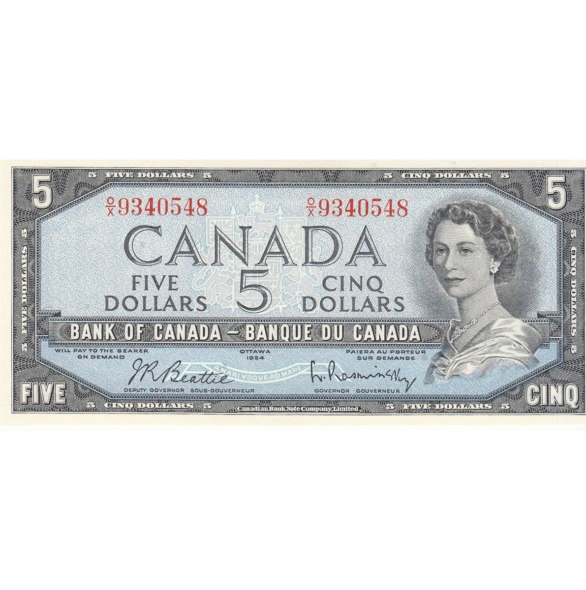 BC-39b 1954 Canada $5 Beattie-Rasminsky, O/X, Choice Uncirculated (CUNC63)