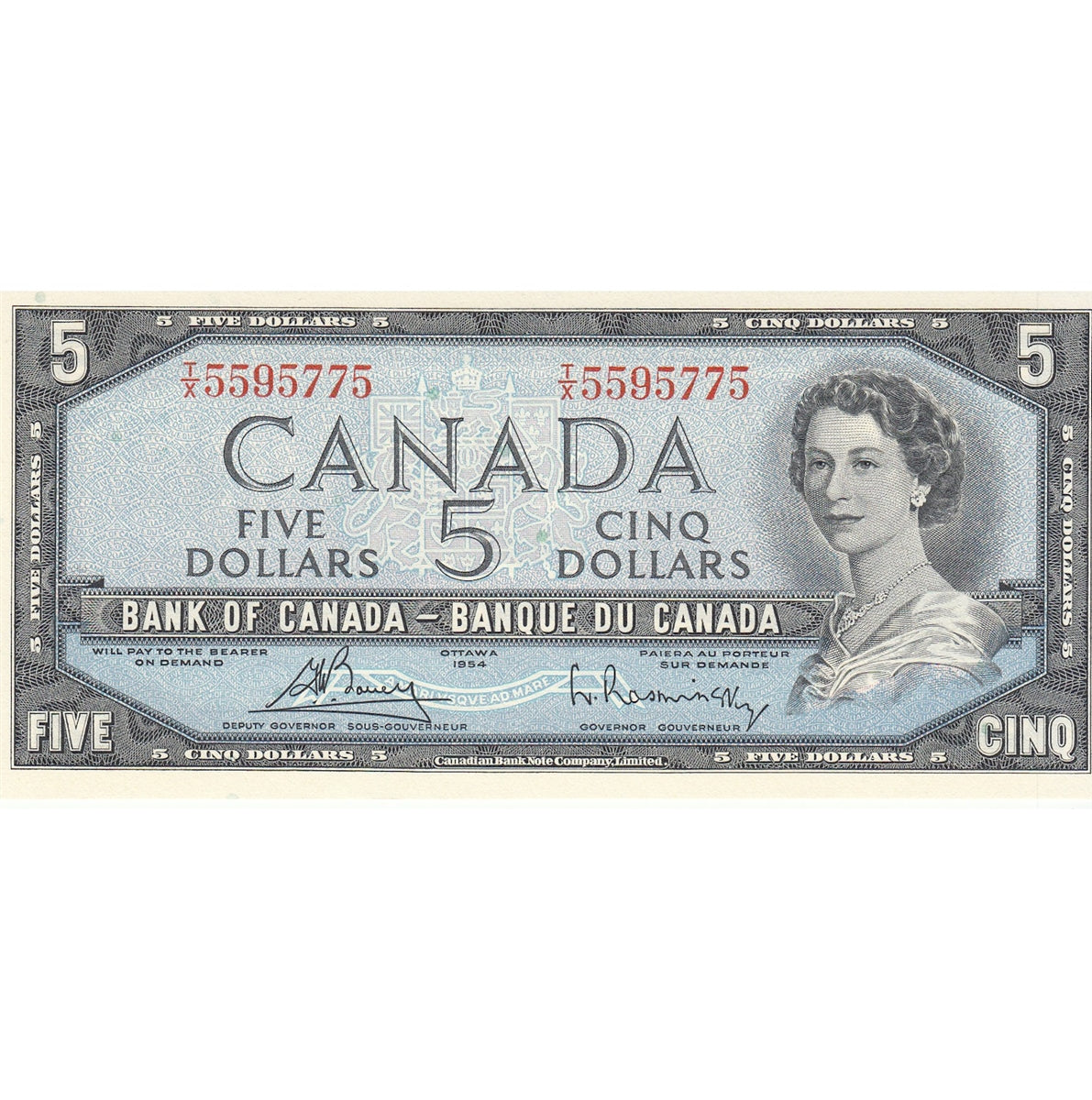 BC-39c 1954 Canada $5 Bouey-Rasminsky, T/X, Choice Uncirculated (CUNC63)