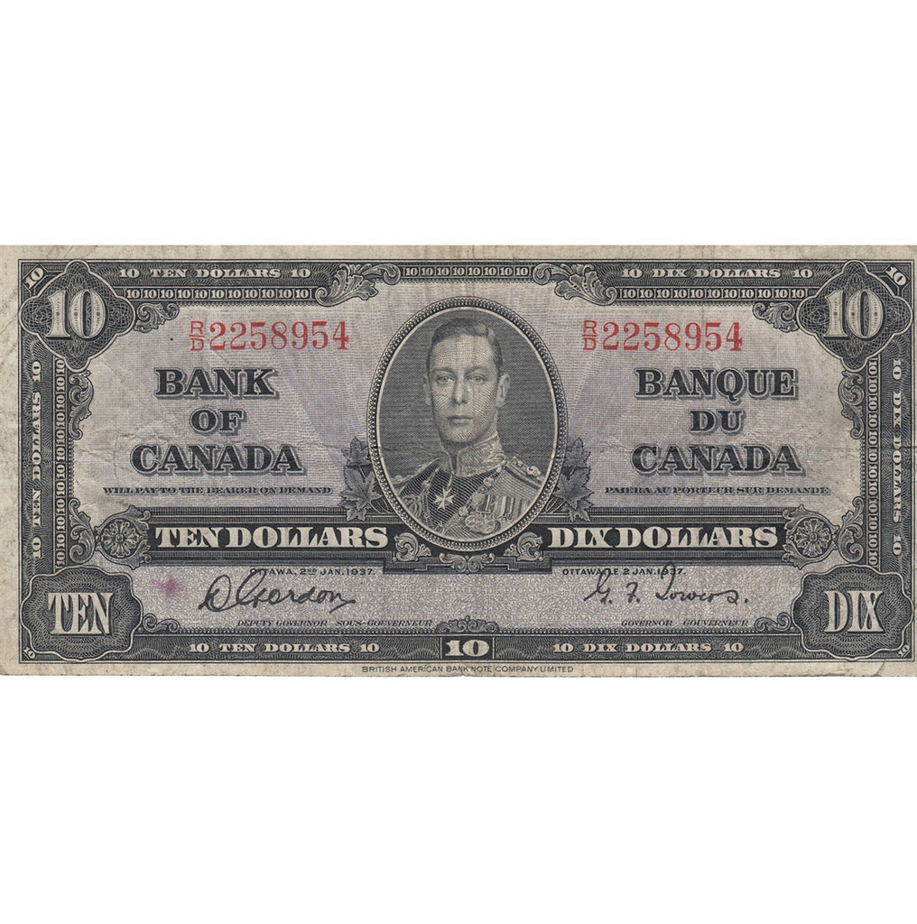 BC-24b 1937 Canada $10 Gordon-Towers, R/D, VG-F (VG10)