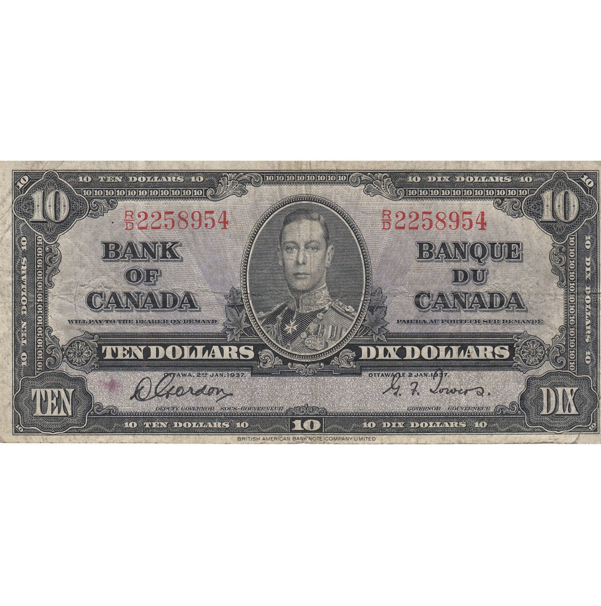 BC-24b 1937 Canada $10 Gordon-Towers, R/D, VG-F (VG10)