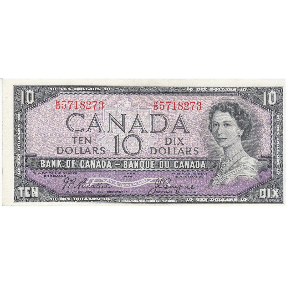 BC-40a 1954 Canada $10 Beattie-Coyne, K/D, Extra Fine (EF40)