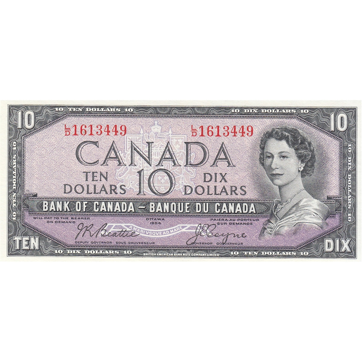 BC-40a 1954 Canada $10 Beattie-Coyne, L/D, Almost Uncirculated (AU50)