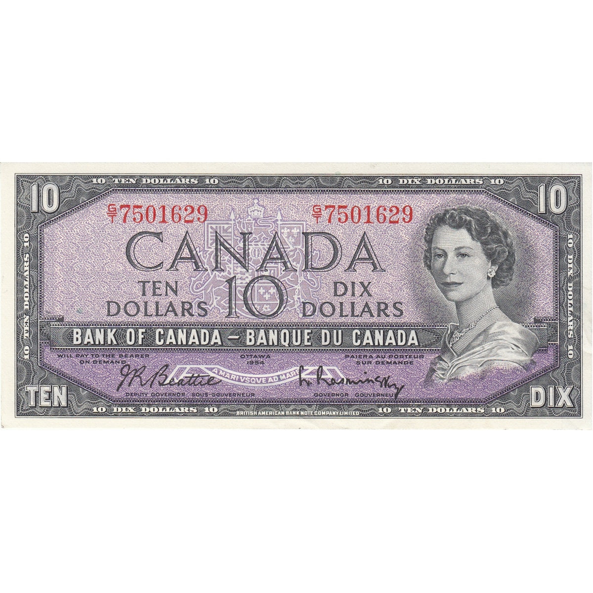 BC-40b 1954 Canada $10 Beattie-Rasminsky, G/T, AU-UNC (AU55)