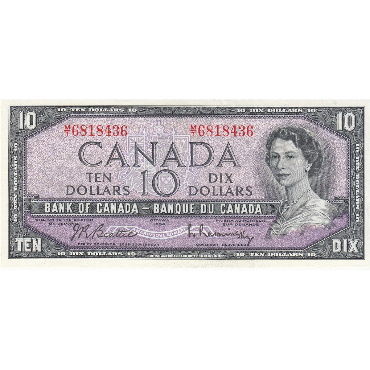BC-40b 1954 Canada $10 Beattie-Rasminsky, M/T, EF-AU (EF45)