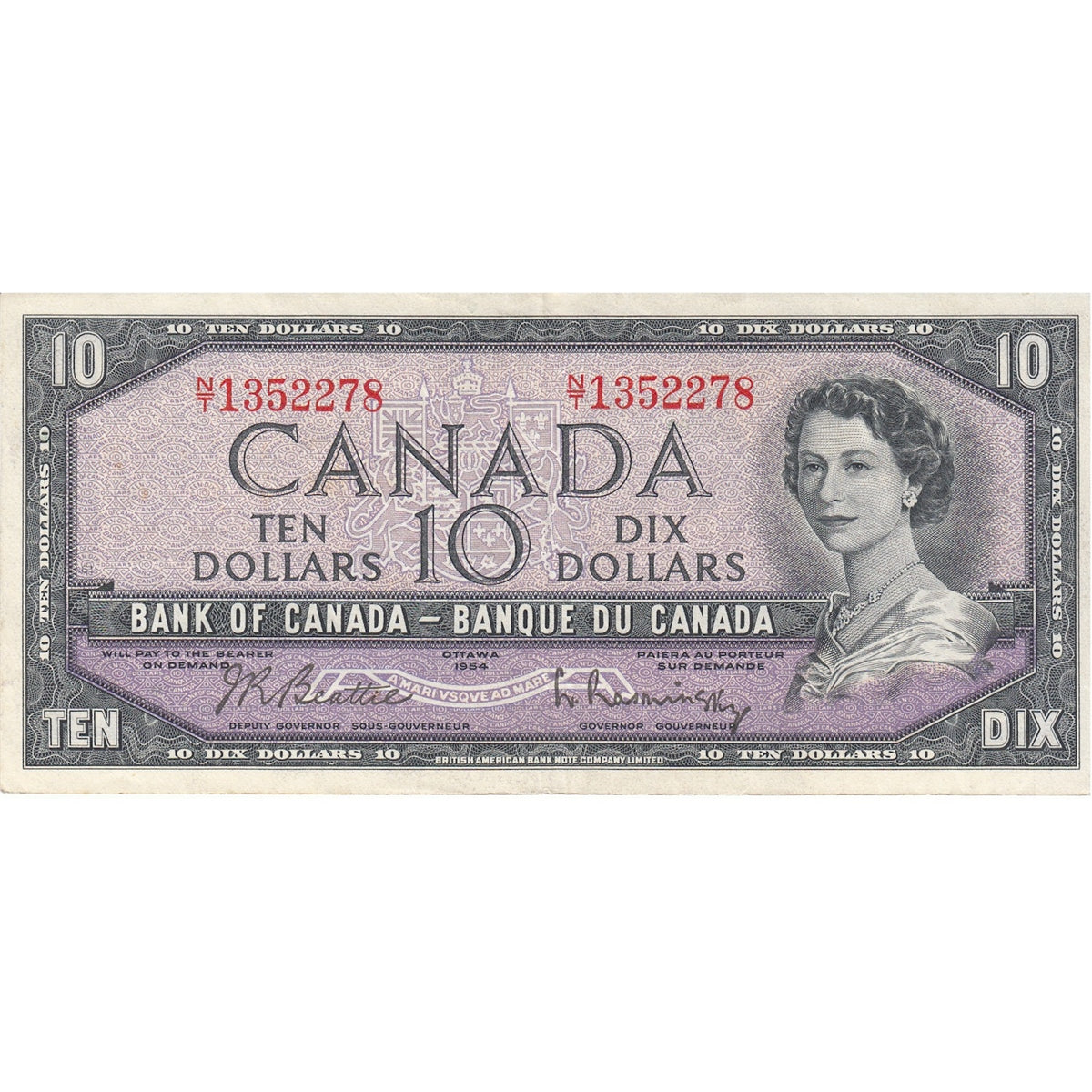 BC-40b 1954 Canada $10 Beattie-Rasminsky, N/T, VF-EF