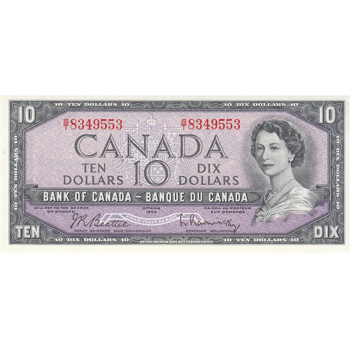 BC-40b 1954 Canada $10 Beattie-Rasminsky, S/T, Choice Uncirculated (CUNC63)
