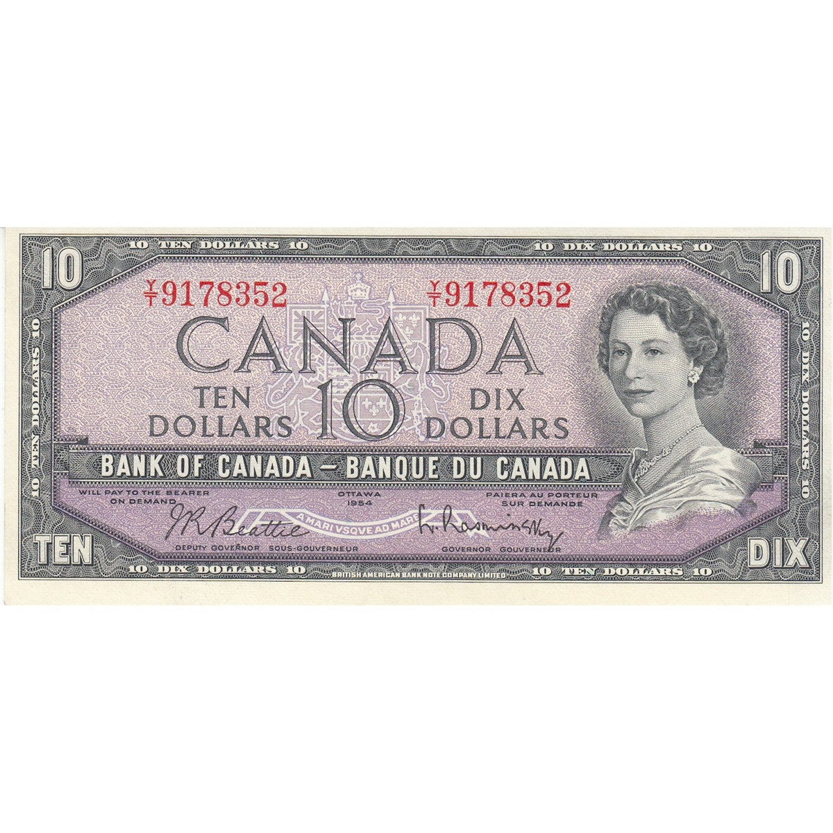 BC-40b 1954 Canada $10 Beattie-Rasminsky, Y/T, Almost Uncirculated (AU50)