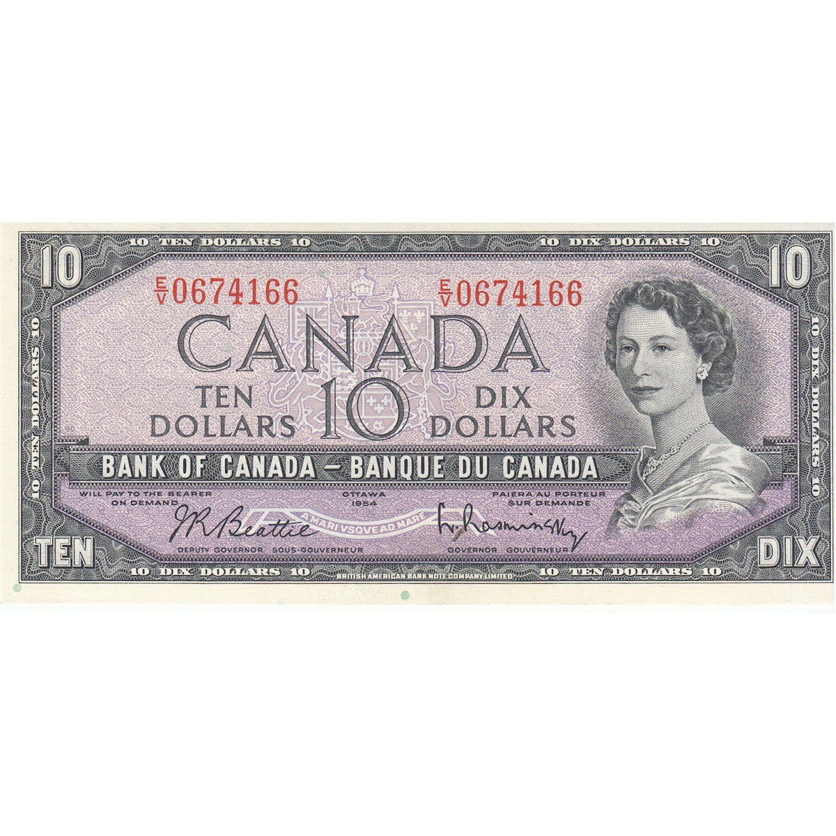 BC-40b 1954 Canada $10 Beattie-Rasminsky, E/V, Almost Uncirculated (AU50)