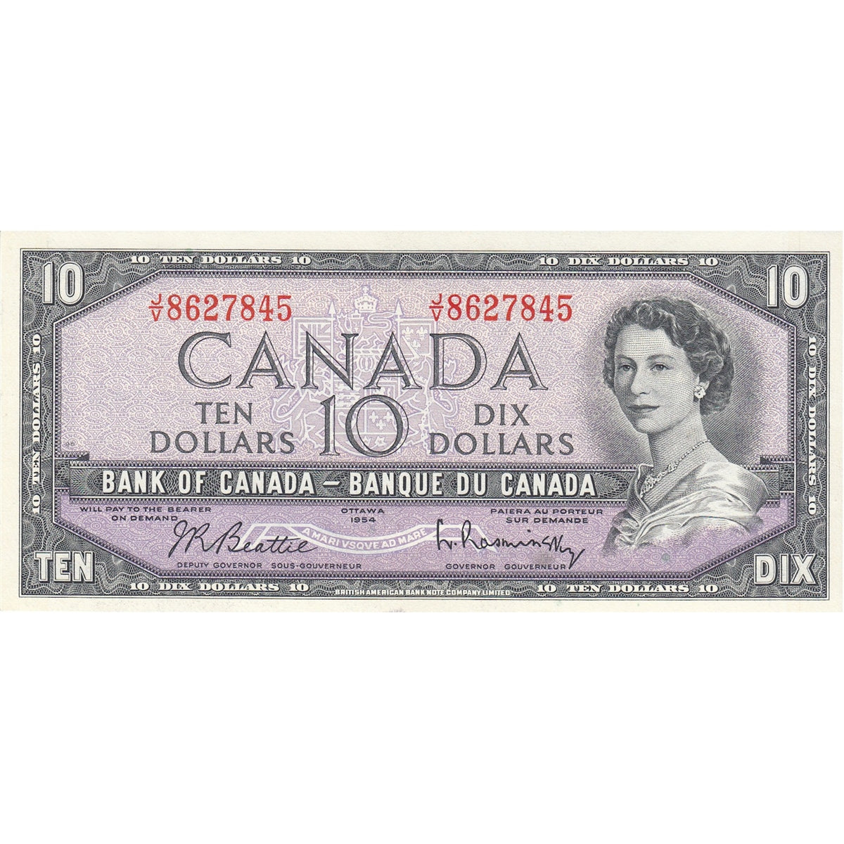 BC-40b 1954 Canada $10 Beattie-Rasminsky, J/V, AU-UNC (AU55)