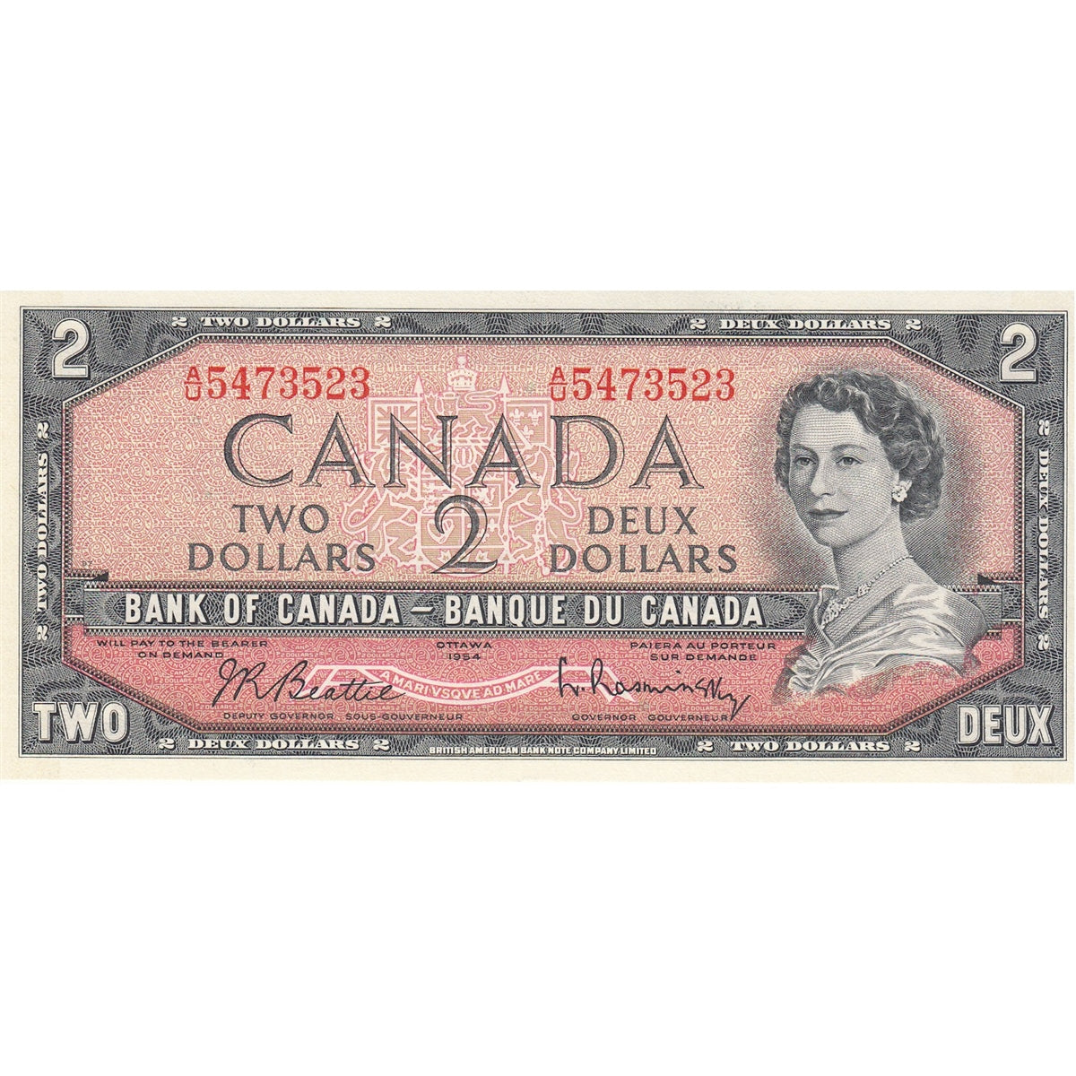 BC-38b 1954 Canada $2 Beattie-Rasminsky, A/U, Uncirculated (MS60)