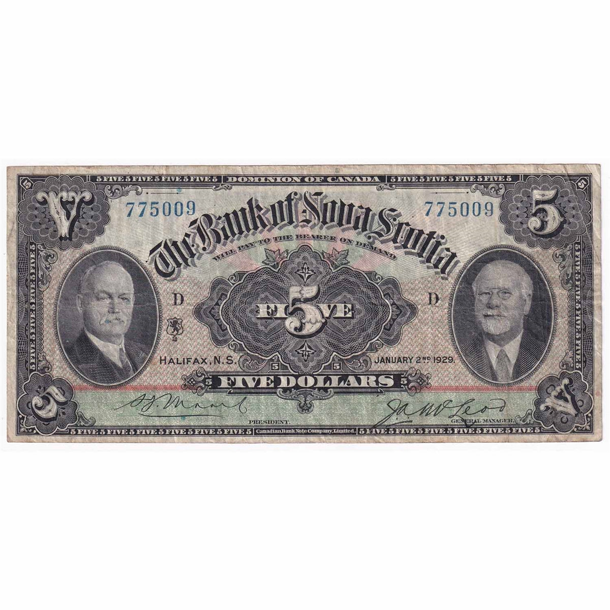 550-34-02 1929 Bank of Nova Scotia $5, Moore-McLeod, Very Fine (VF20)