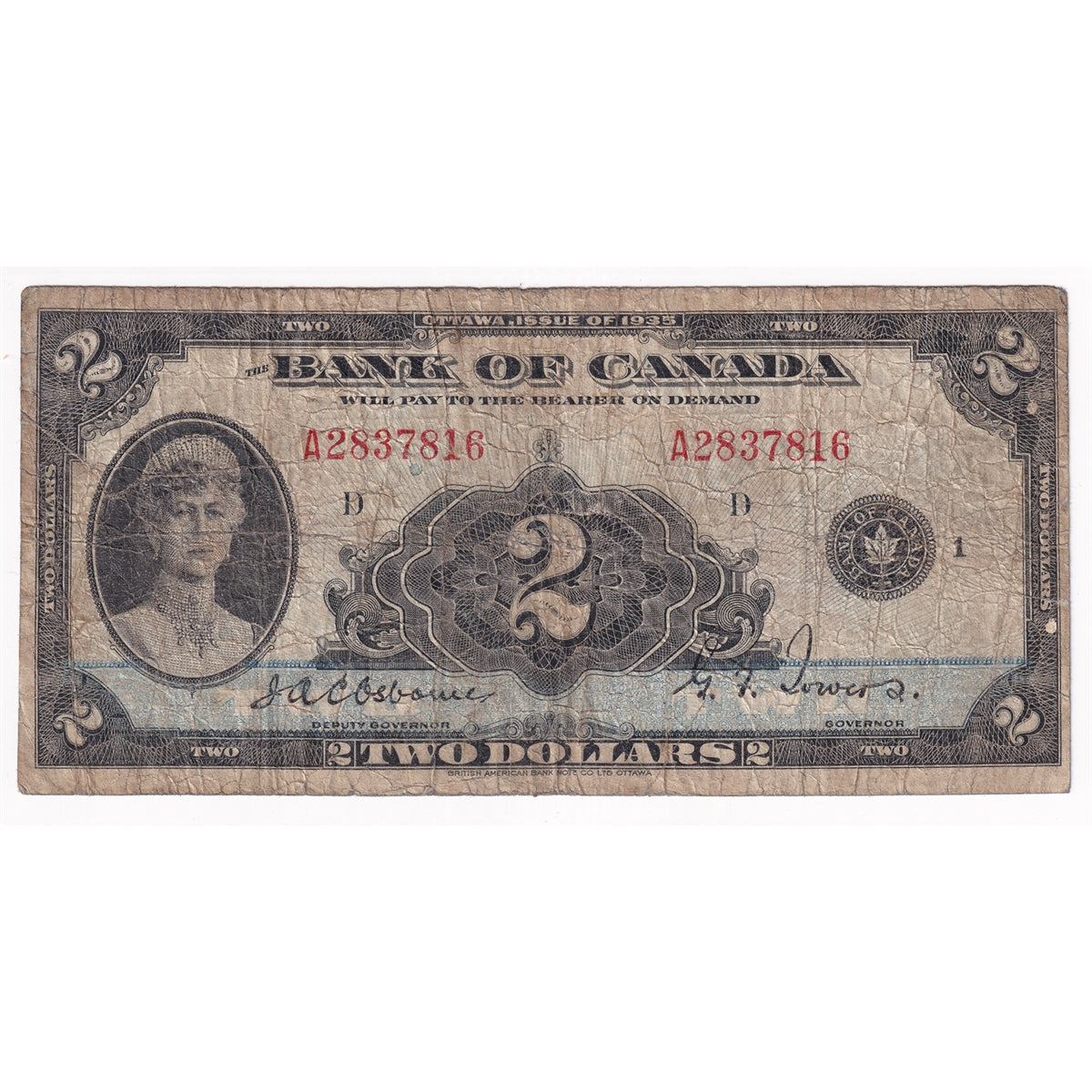 BC-3 1935 Canada $2 Osborne-Towers, English, Series A, G-VG (G6)