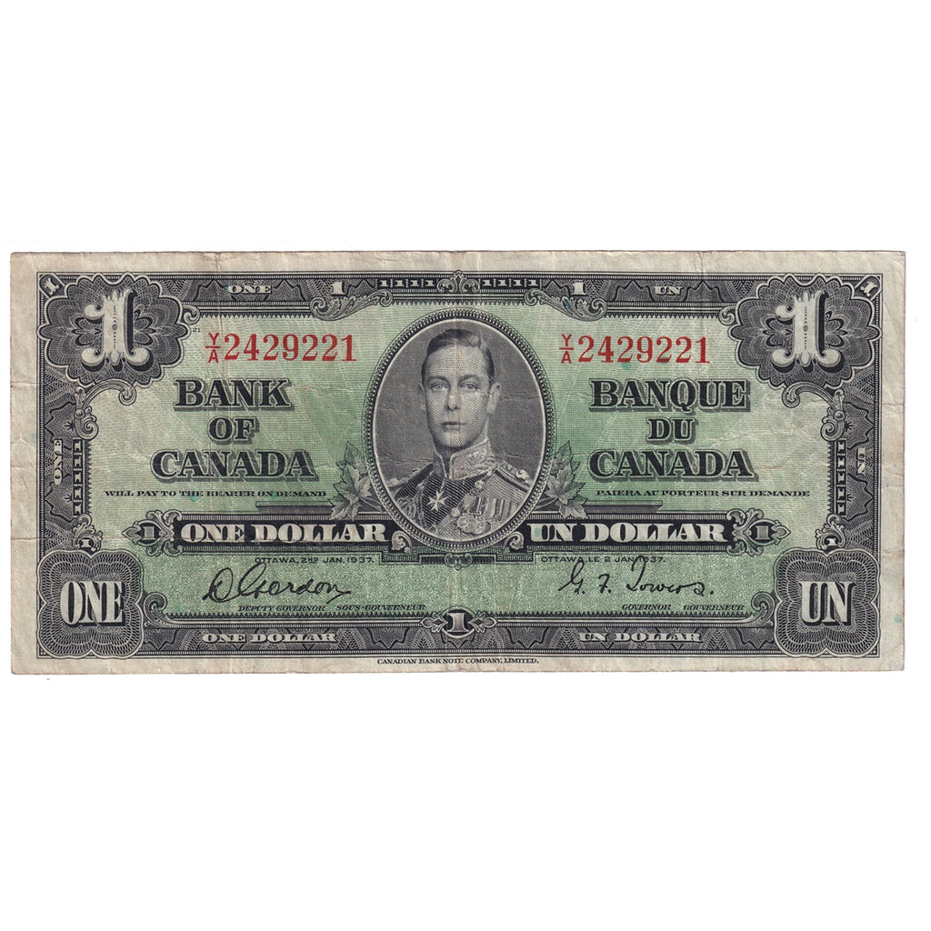 BC-21c 1937 Canada $1 Gordon-Towers, Y/A, F-VF