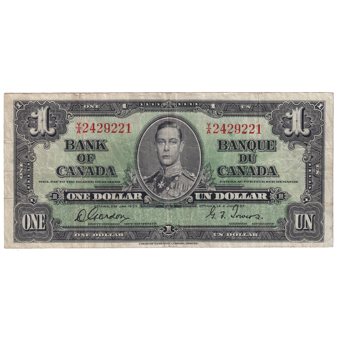 BC-21c 1937 Canada $1 Gordon-Towers, Y/A, F-VF