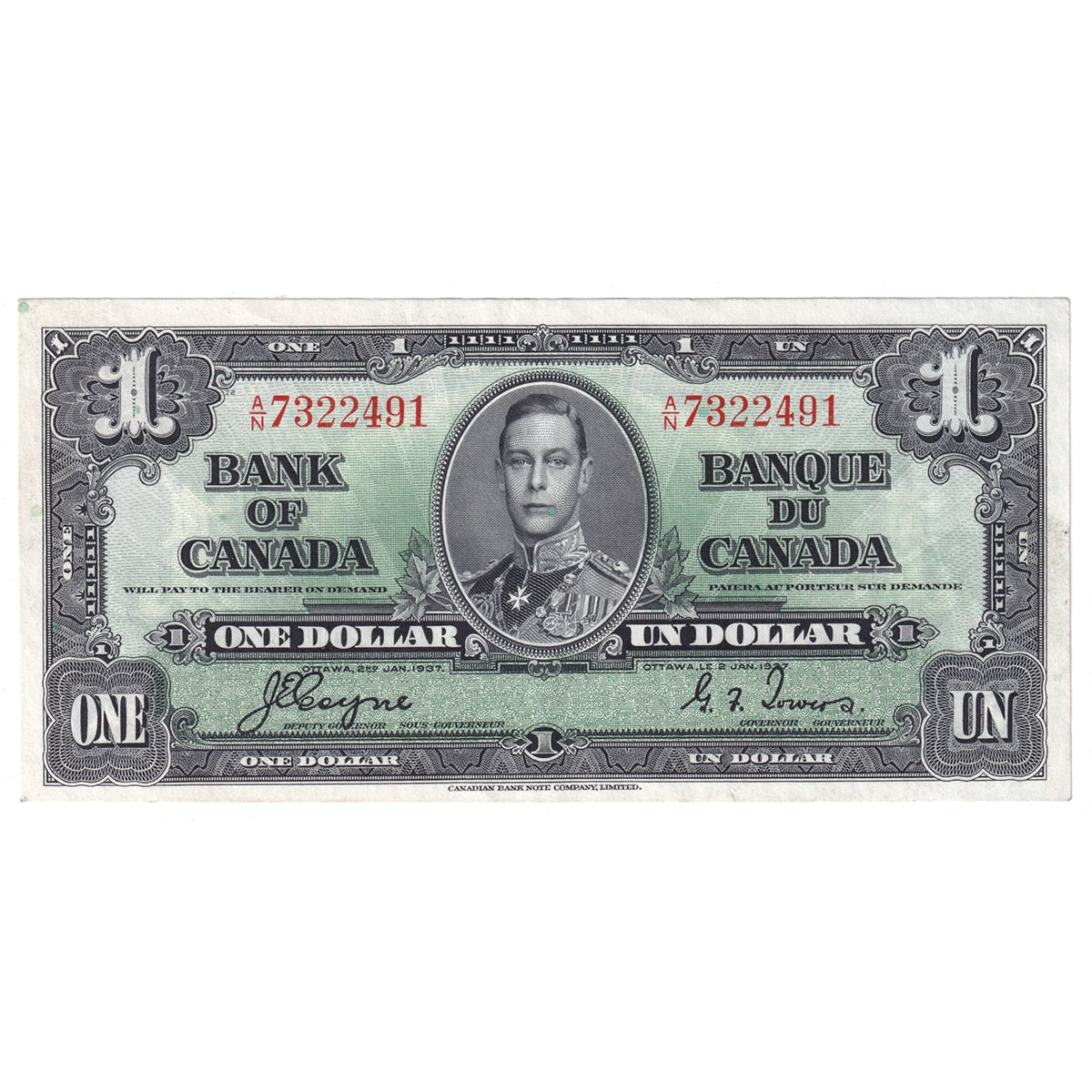 BC-21d 1937 Canada $1 Coyne-Towers, A/N, Almost Uncirculated (AU50)