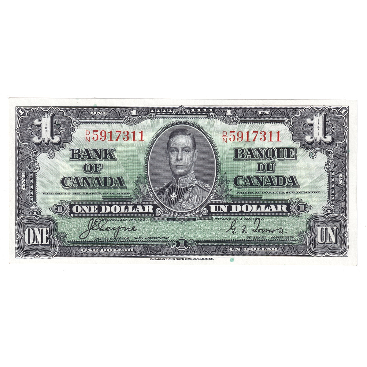 BC-21d 1937 Canada $1 Coyne-Towers, D/N, AU-UNC (AU55)