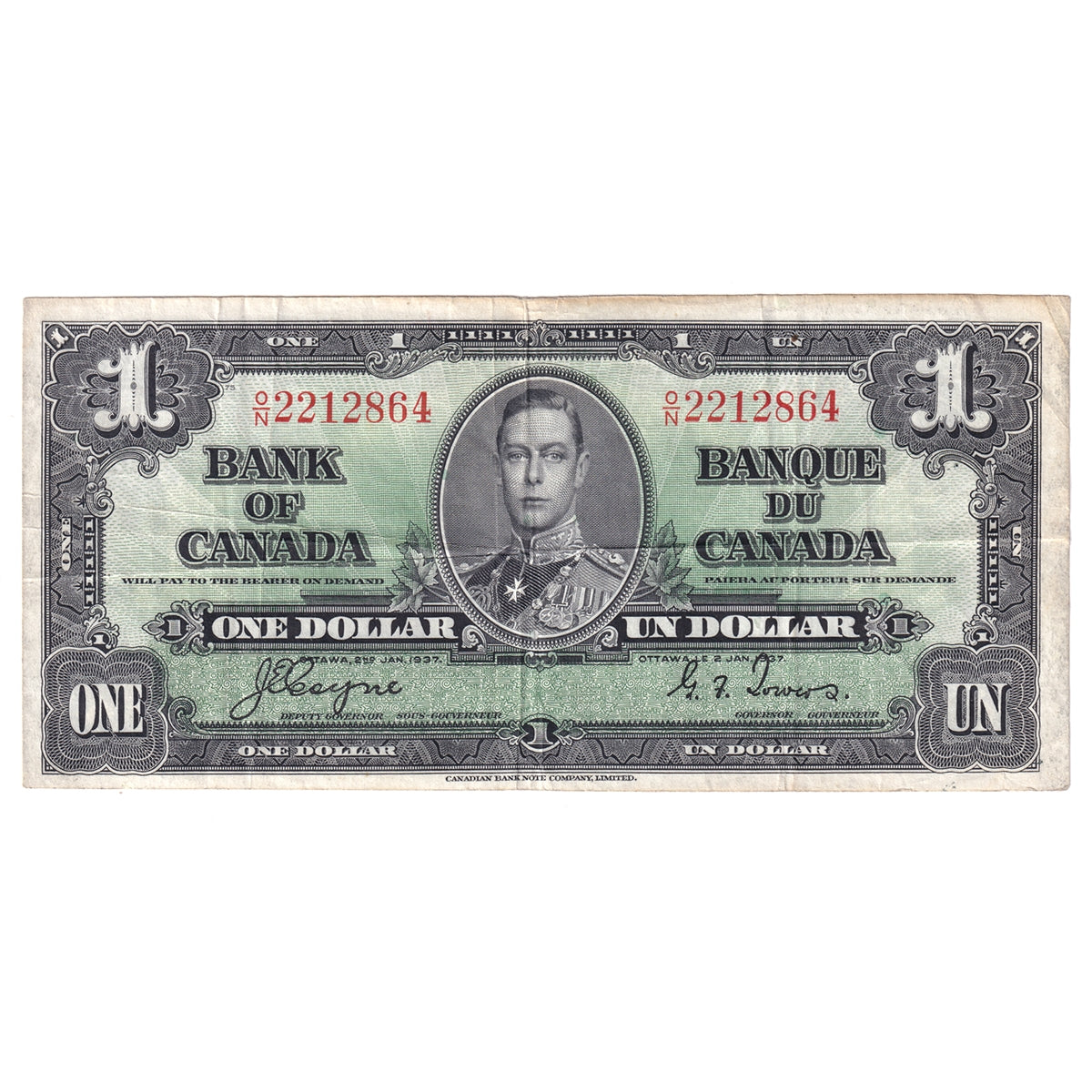 BC-21d 1937 Canada $1 Coyne-Towers, O/N, F-VF (F15)