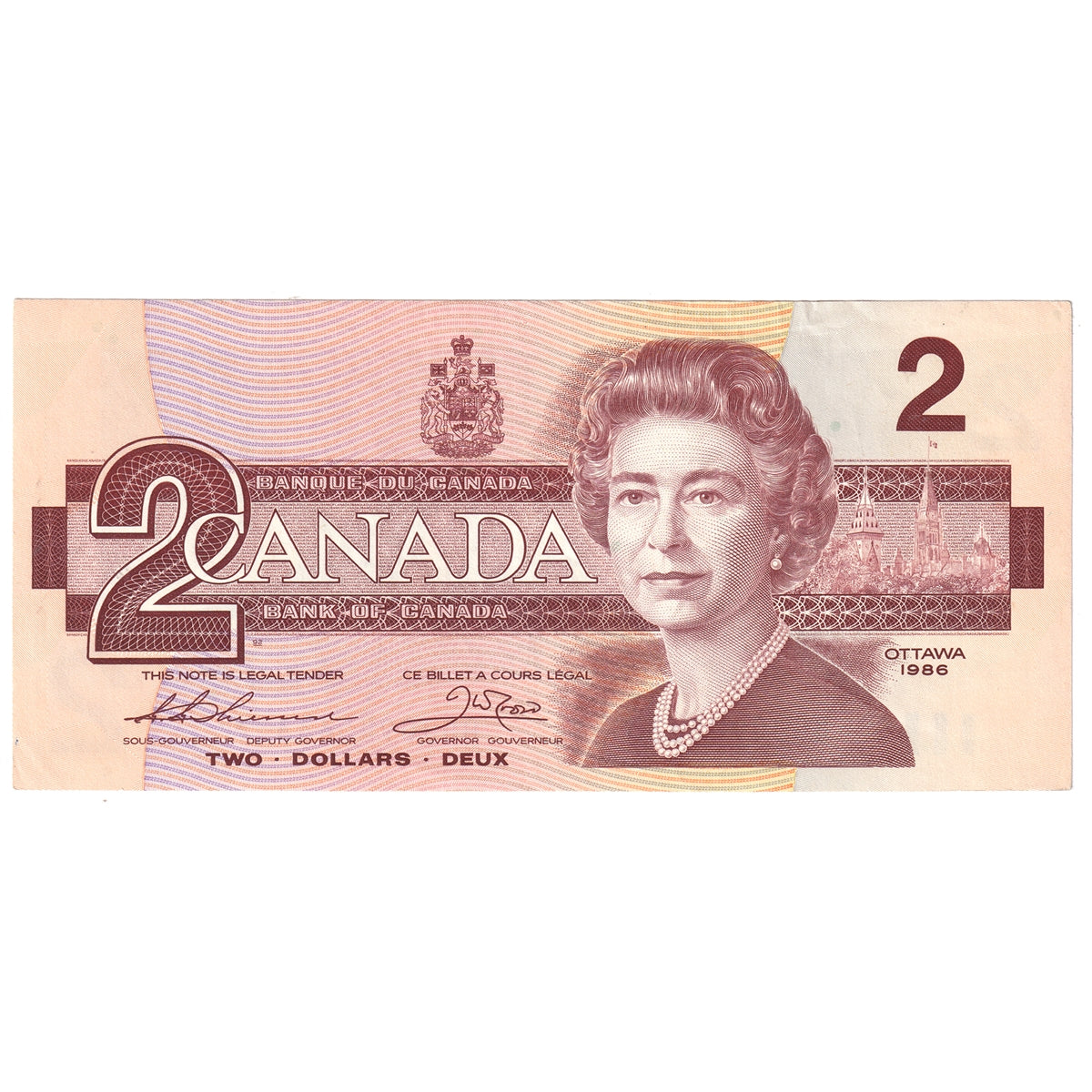 BC-55b 1986 Canada $2 Thiessen-Crow, Small/Large BGJ, Almost Uncirculated (AU50)