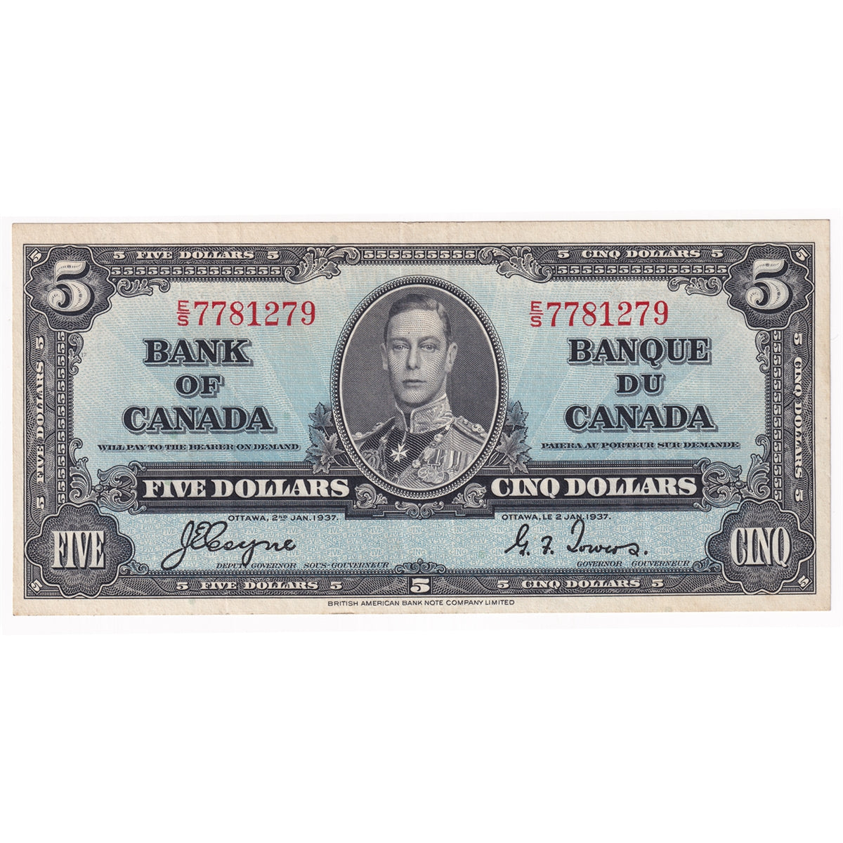 BC-23c 1937 Canada $5 Coyne-Towers, E/S, VF-EF (VF30)