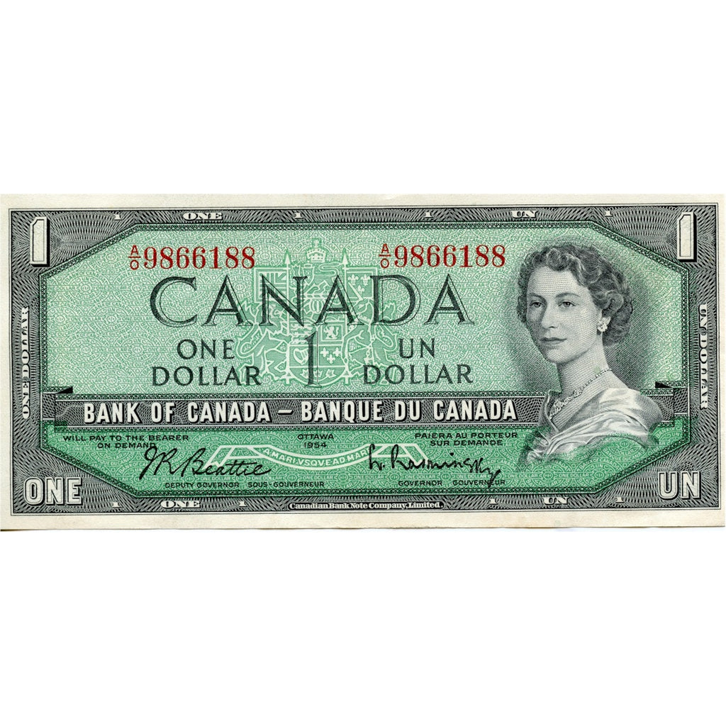 BC-37b 1954 Canada $1 Beattie-Rasminsky, A/O, Almost Uncirculated (AU50)