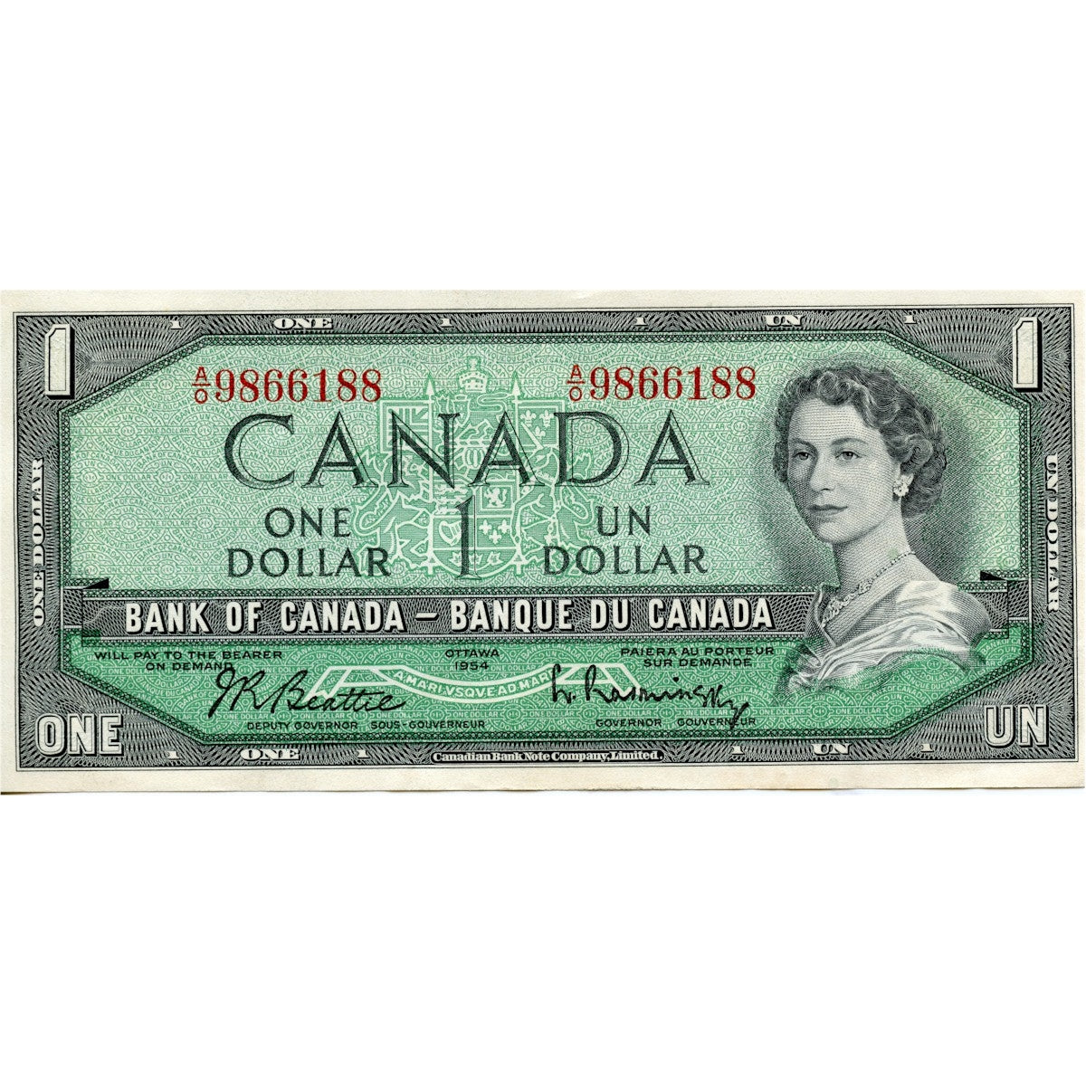 BC-37b 1954 Canada $1 Beattie-Rasminsky, A/O, Almost Uncirculated (AU50)
