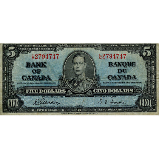 BC-23b 1937 Canada $5 Gordon-Towers, L/C, VG-F