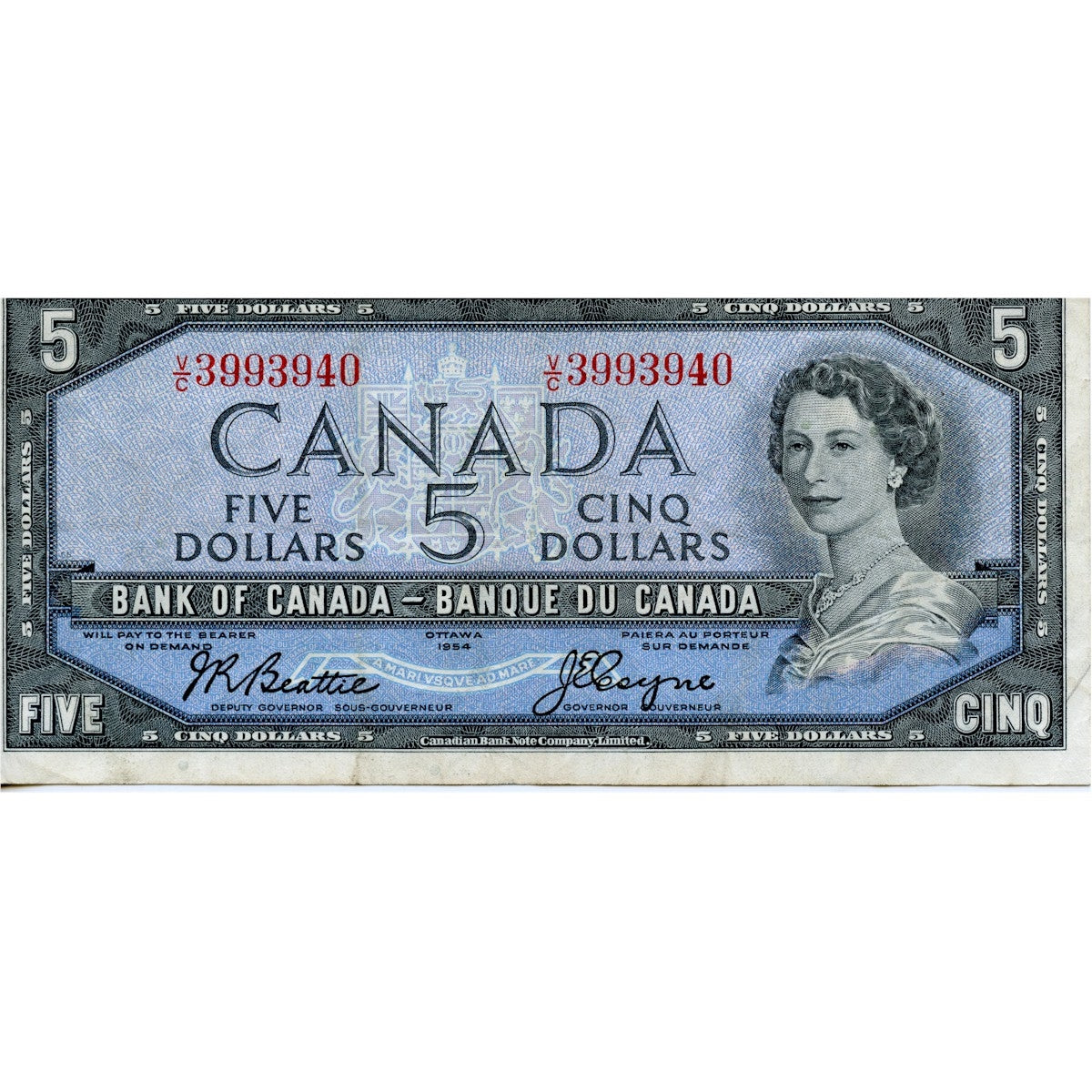 BC-39a-i 1954 Canada $5 Beattie-Coyne, V/C, Very Fine (VF20)