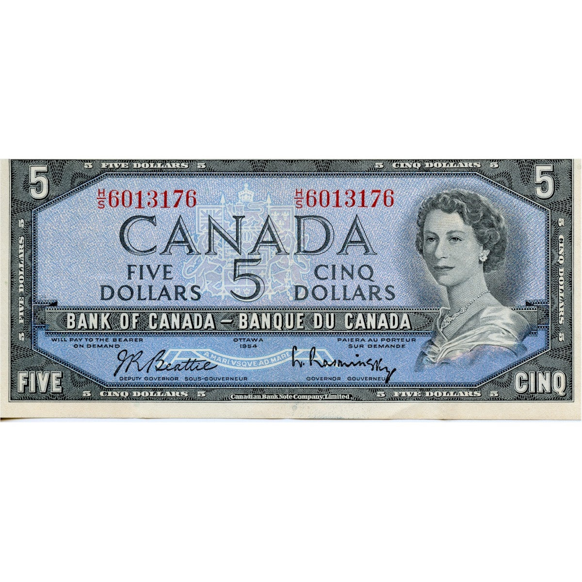 BC-39b 1954 Canada $5 Beattie-Rasminsky, H/S, VF-EF (VF30)