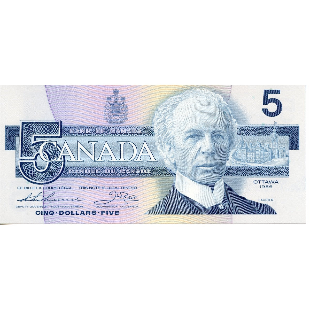 BC-56b 1986 Canada $5 Thiessen-Crow, FOJ, Almost Uncirculated (AU50)