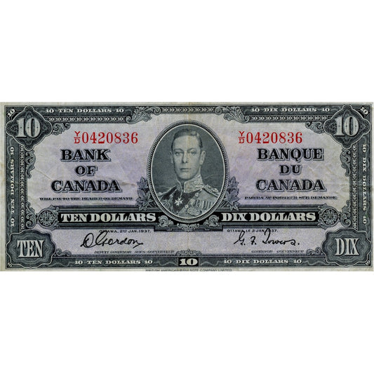 BC-24b 1937 Canada $10 Gordon-Towers, Y/D, F-VF