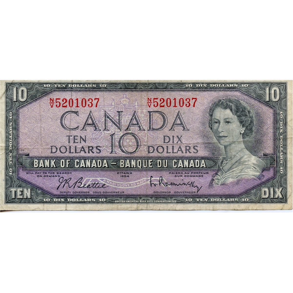 BC-40b 1954 Canada $10 Beattie-Rasminsky, N/V, Fine (F12)