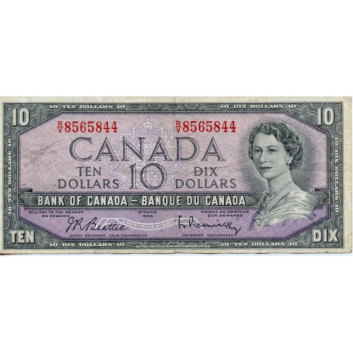BC-40b 1954 Canada $10 Beattie-Rasminsky, R/V, Fine (F12)
