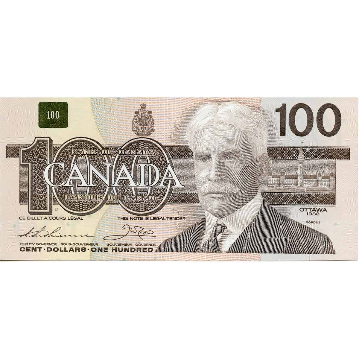 BC-60a 1988 Canada $100 Thiessen-Crow, AJW, Almost Uncirculated (AU50)