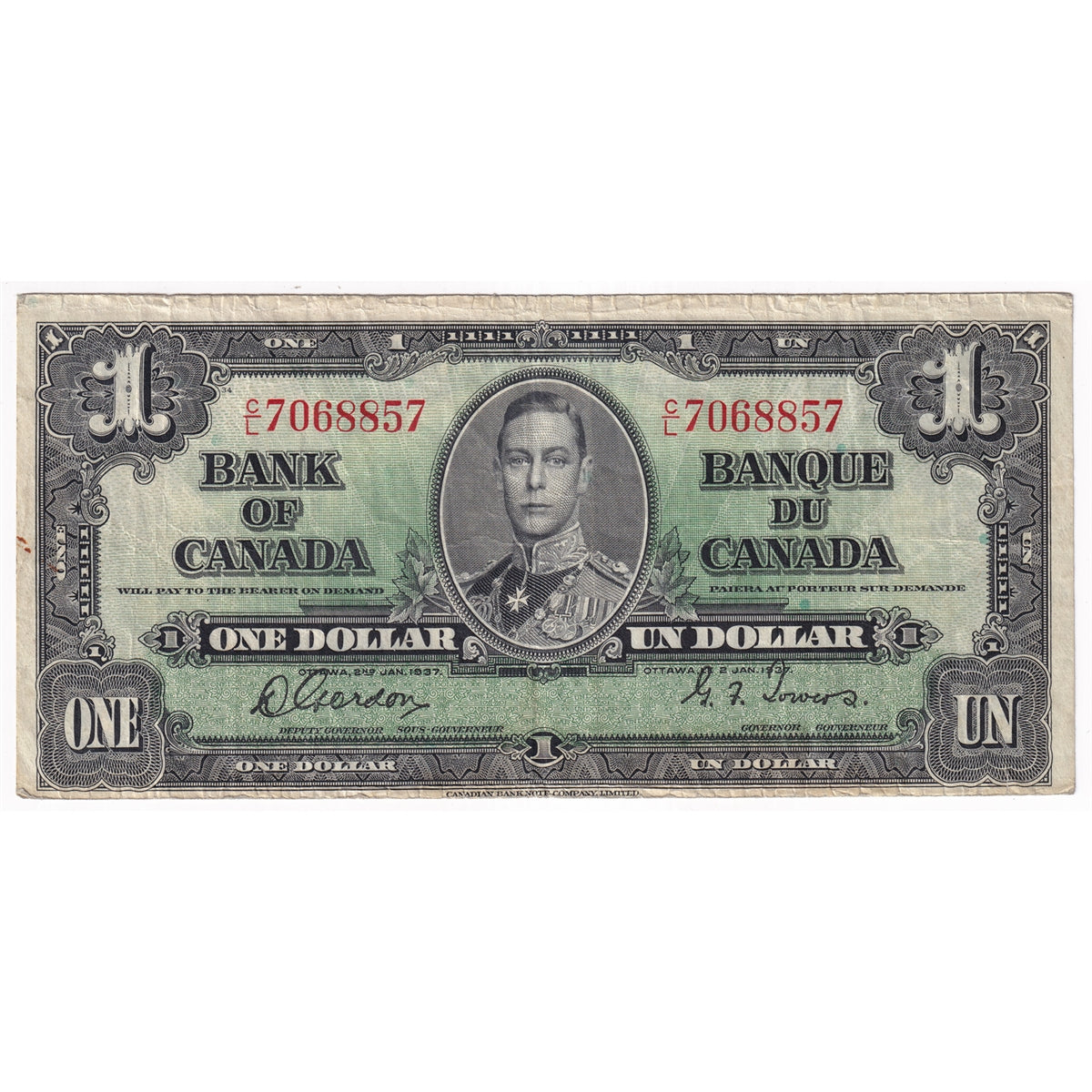 BC-21c 1937 Canada $1 Gordon-Towers, C/L, Fine (F12)