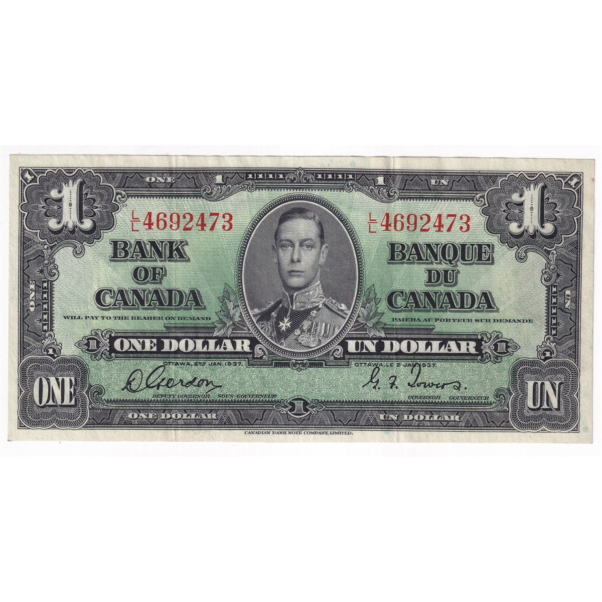 BC-21c 1937 Canada $1 Gordon-Towers, L/L, Extra Fine (EF40)