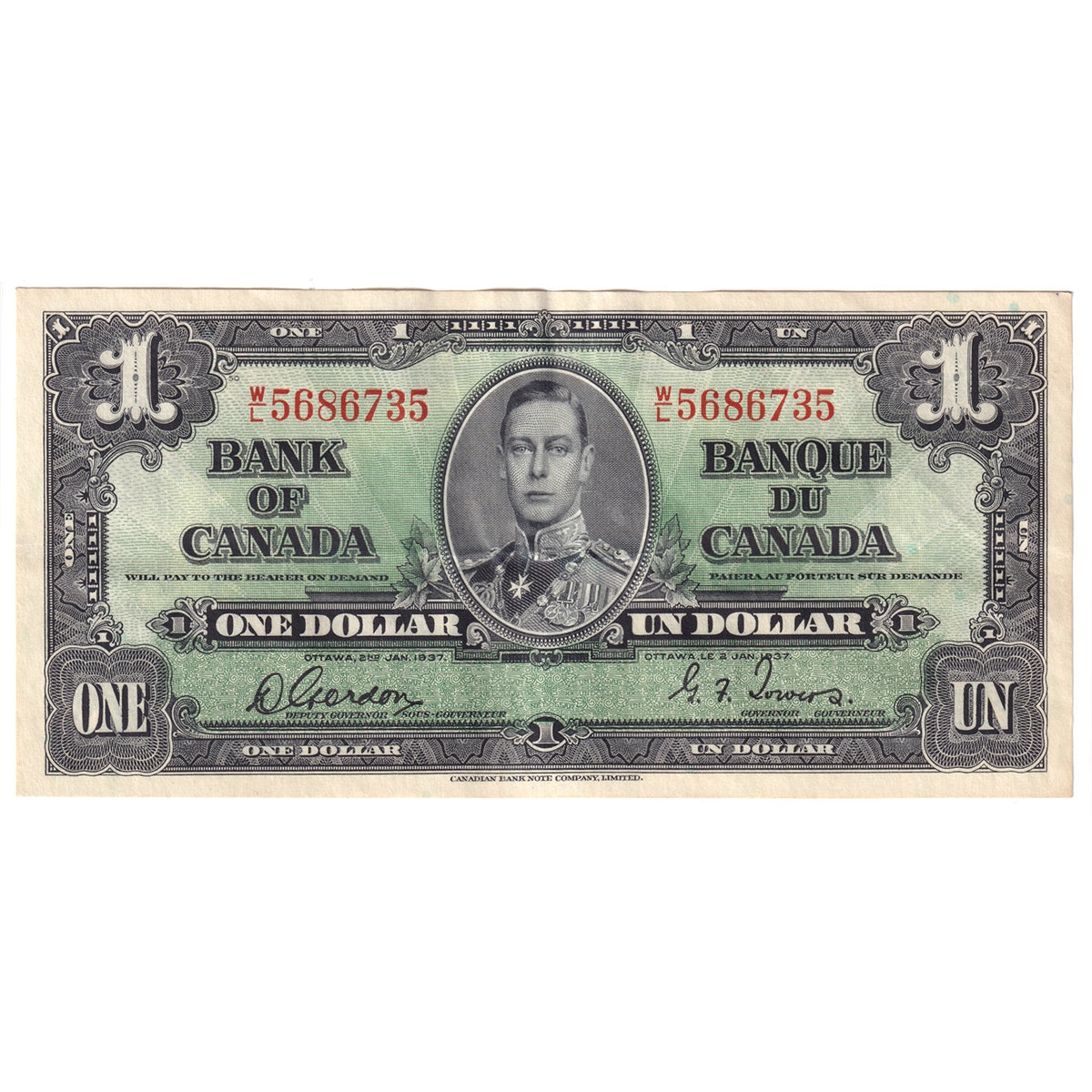 BC-21c 1937 Canada $1 Gordon-Towers, W/L, Extra Fine (EF40)
