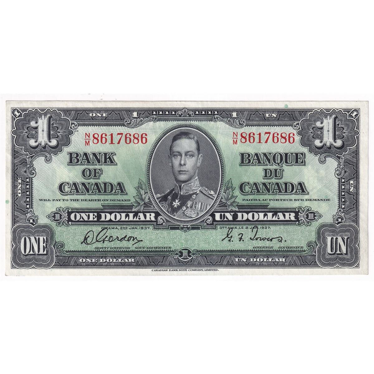BC-21c 1937 Canada $1 Gordon-Towers, N/M, Almost Uncirculated (AU50)