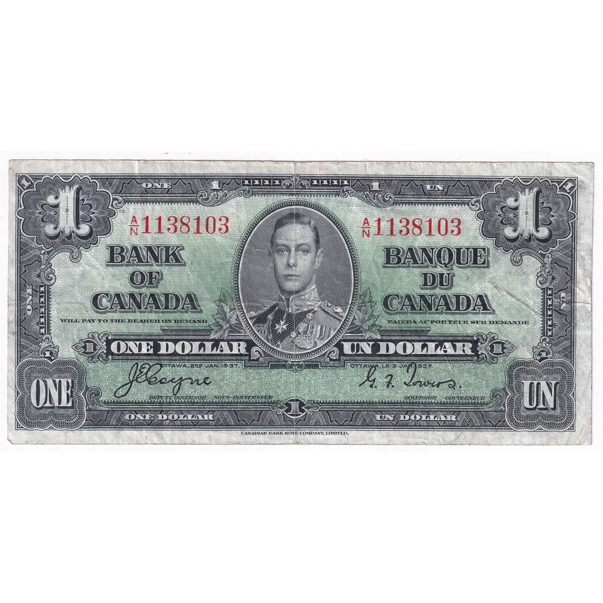 BC-21d 1937 Canada $1 Coyne-Towers, A/N, Fine (F12)