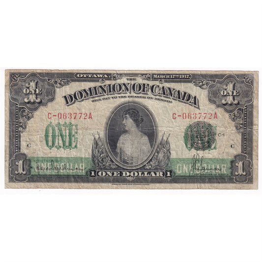 DC-23c 1917 Dominion $1 Hyndman-Saunders, Seal over ONE, Series C, F-VF